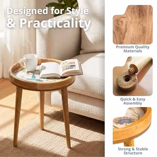 Hartsmede Hummingbird Mango Wood Round Side Table in Beige with Resin-Coated Enamel Top, W/D/H: 38 x 38 x 46 cm – 5