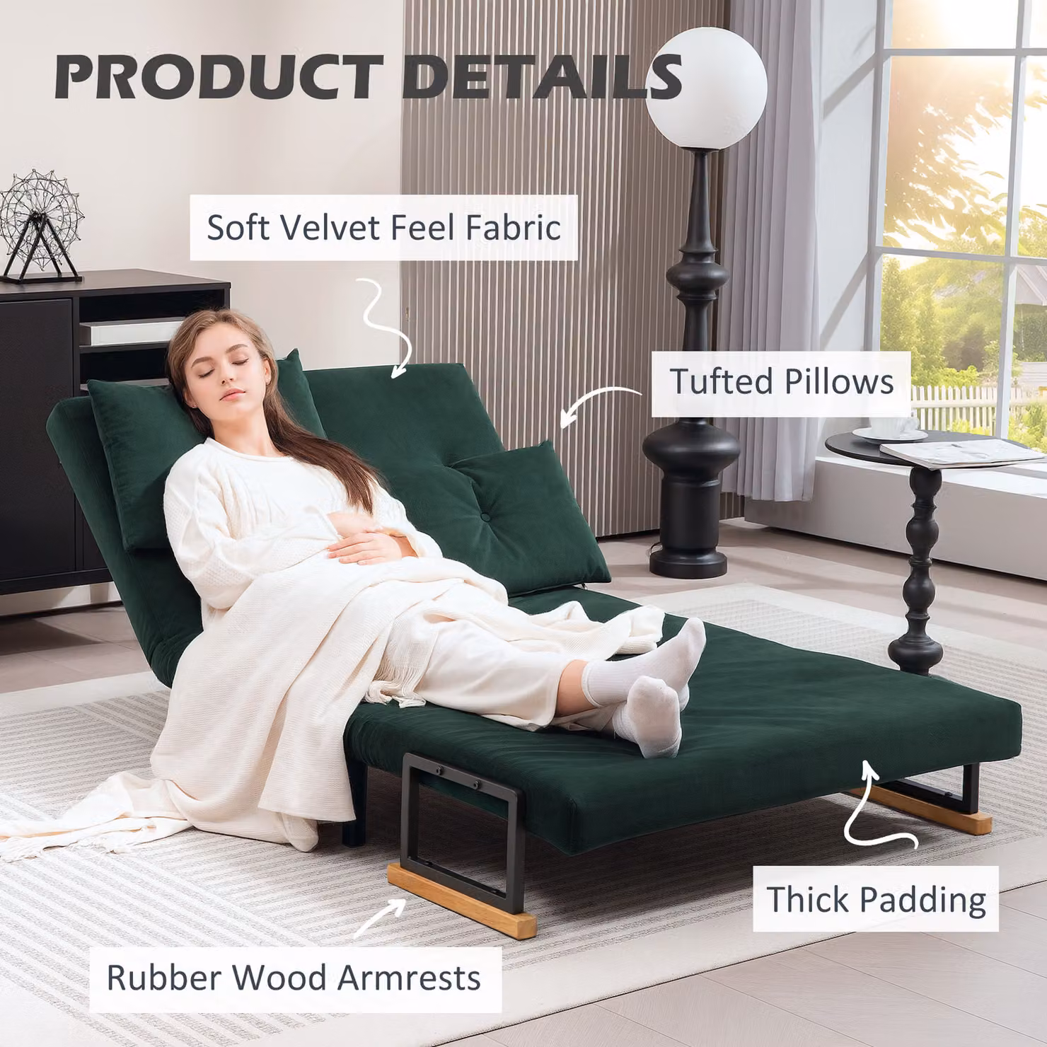 HOMCOM 4-in-1 Green Velvet Double Sofa Bed with Scatter Cushions and Metal Frame, 140 x 200 cm – 6