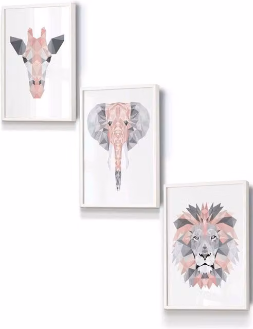 ARTZE Geometric Pink, Grey and White Jungle Animal Heads Framed Wall Art, W: 33 cm, H: 45 cm, D: 0.2 cm