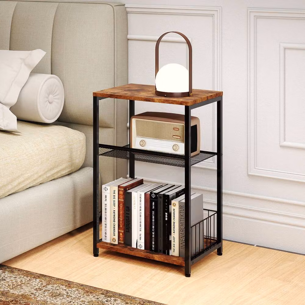 Levede 3-Tier Industrial Side Table in Brown Wood and Metal – 2