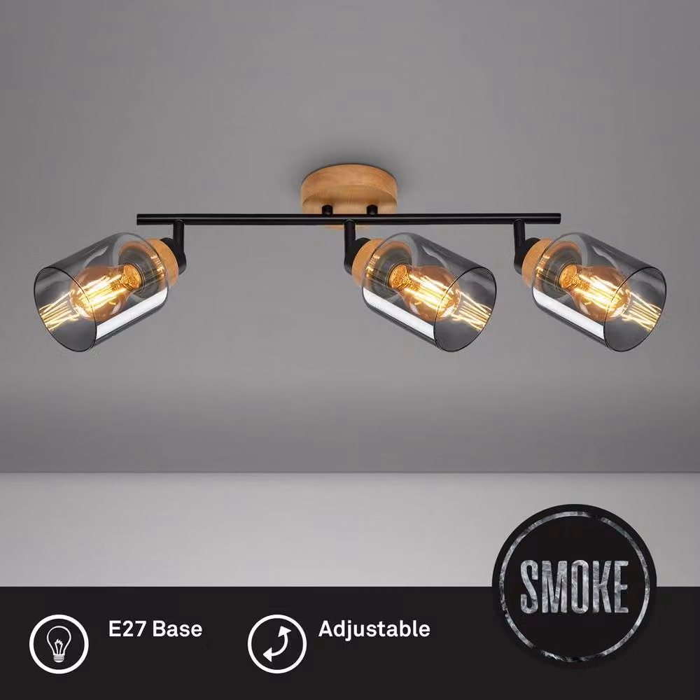 Briloner Black Smoked Glass Ceiling Light Spotlight Bar with 3-Way Adjustable E27 Fitting – 2