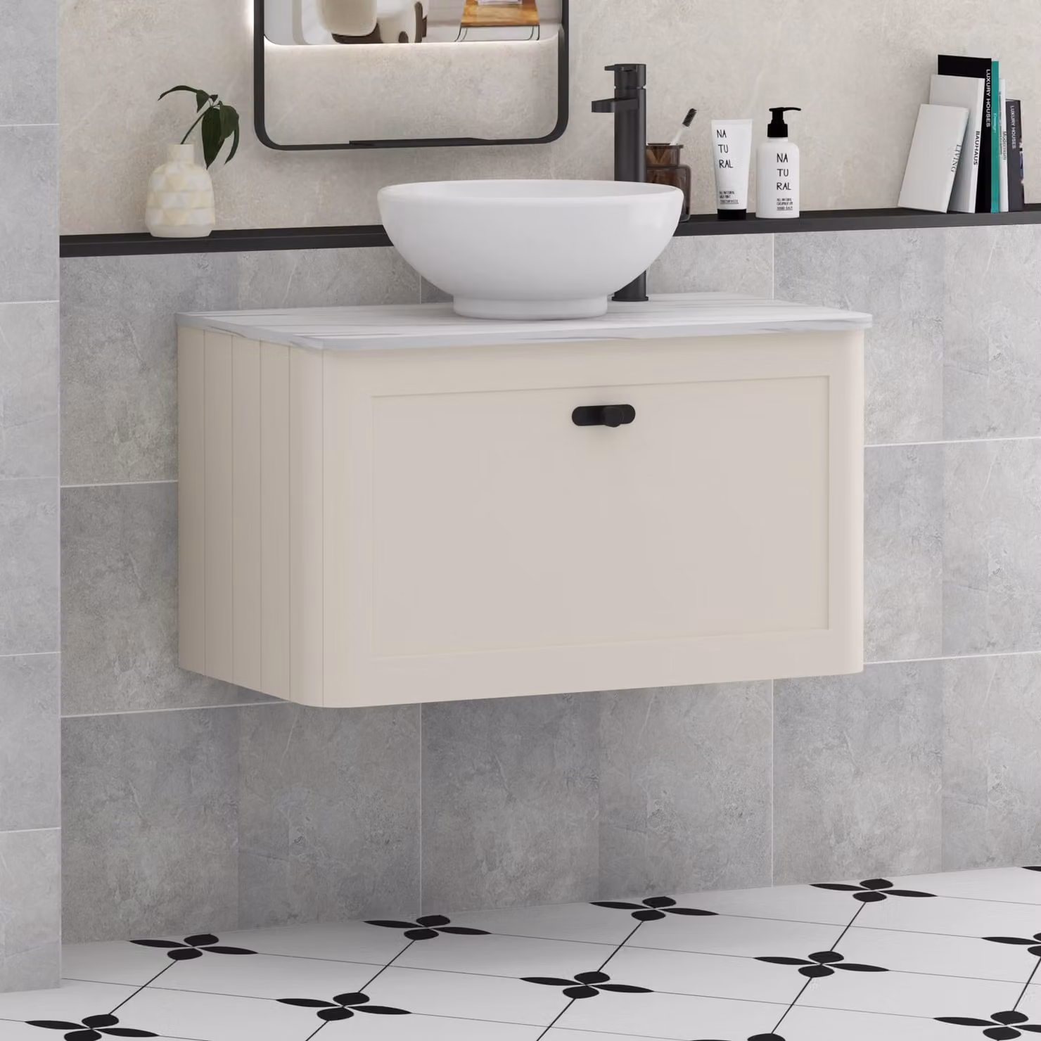 Royal Bathrooms Henley Wall Hung Vanity Unit with Breeze Basin and Matt Black Knob, Mushroom Cashmere, Width: 80 cm