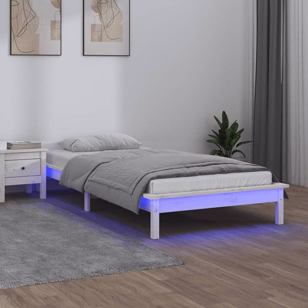 Berkfield Home White Solid Pine LED Bed Frame with Under-Bed Lighting W/D/H: 90 x 200 cm – 2