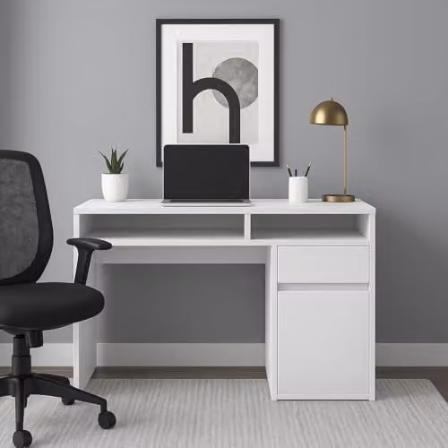 DECOROTIKA Isla Modern Computer Desk with Drawer and Cabinet, White, W: 100 cm, D: 55 cm, H: 74 cm