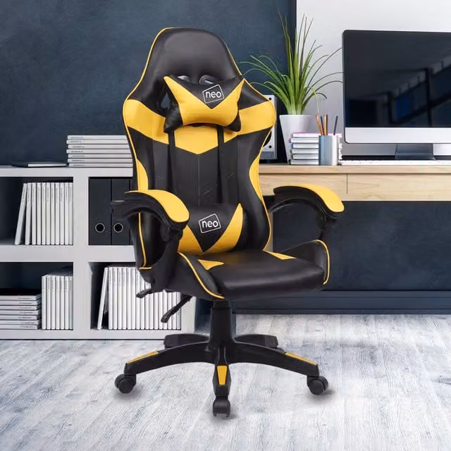 Neo Sport Racing Gaming Office Chair in Yellow and Green with PU Leather and Headrest
