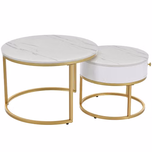 Aosom UK Set of 2 Round Nesting Coffee Tables with Storage Drawer, White Marble Pattern Top and Gold Metal Frame – 2