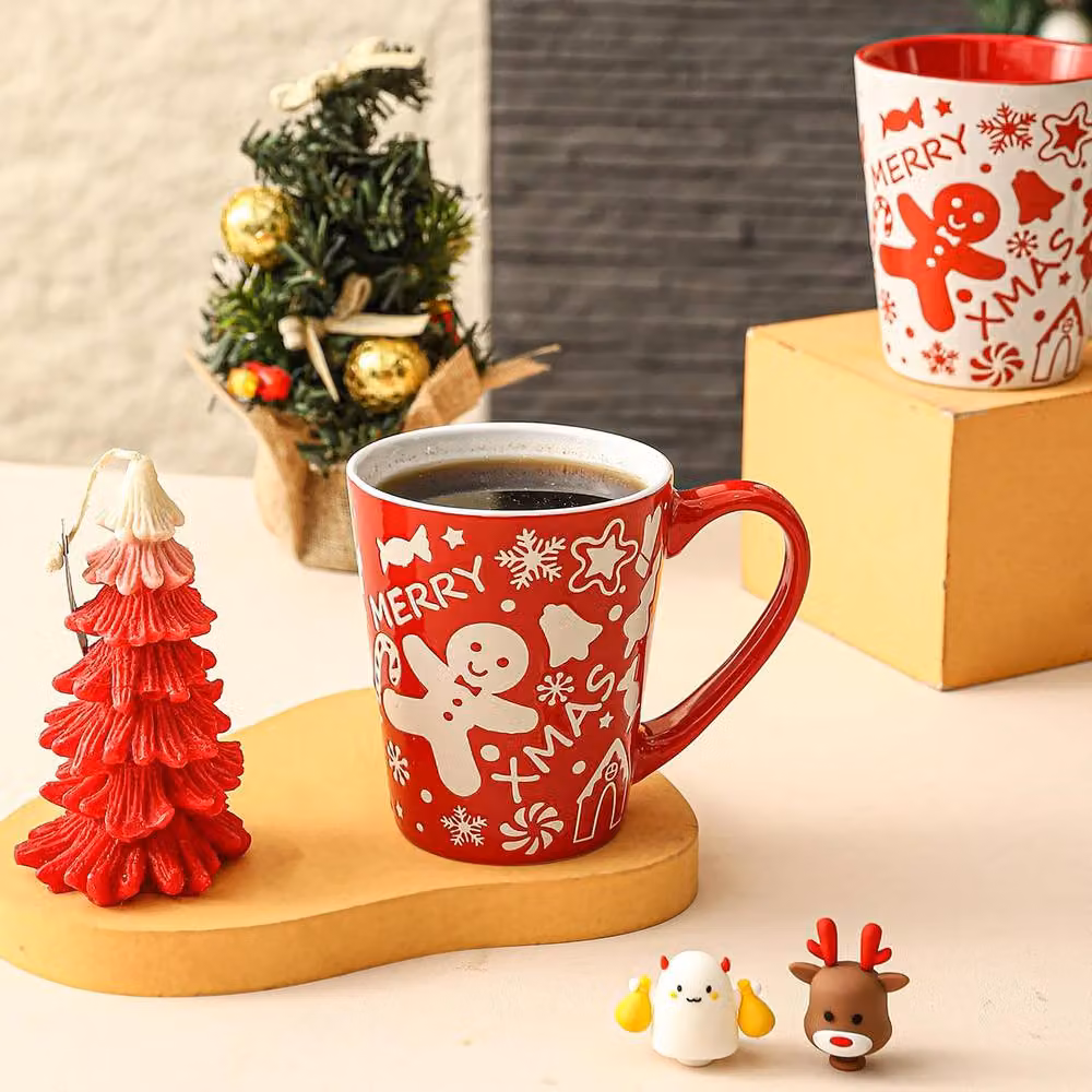 Simpa 6-Piece Christmas Gingerbread Man Stoneware Mug Set, 350ml, Red, White, Green and Grey – 4