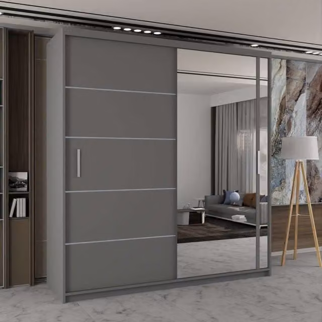 Sliding Wardrobes 4U Modern Double Sliding Wardrobe with LED Light, Grey, W: 150 cm, H: 217 cm, D: 62 cm
