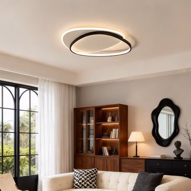 Living Star Modern Geometric 2 Light Ceiling Light with Remote Control in Grey, Black and Wood