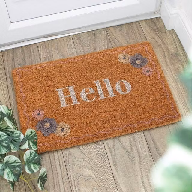 Kingsbury Gifts Natural Coir Floral Hello Doormat in Brown