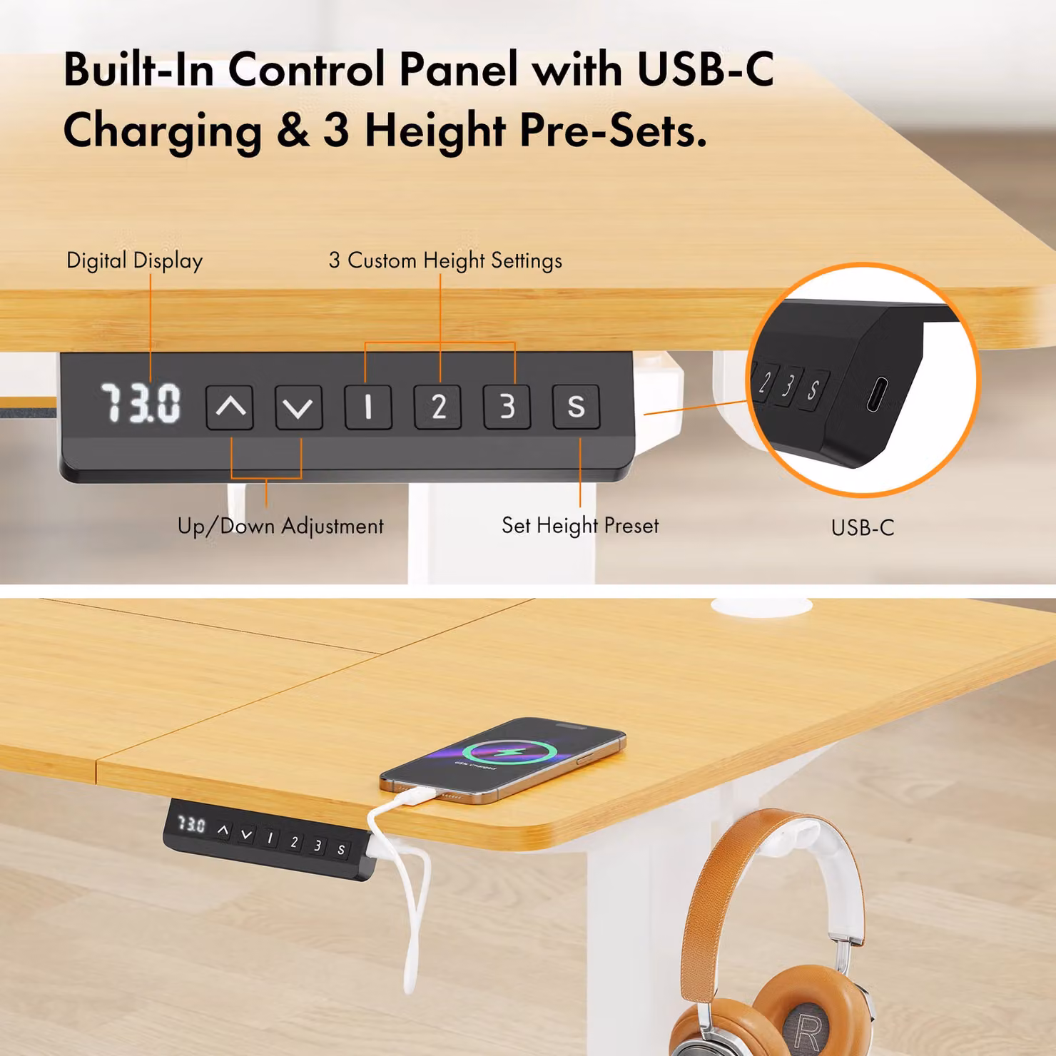 VonHaus Electric Height Adjustable Standing Desk with USB-C Charging in Light Brown – 5