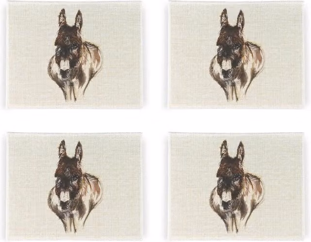 Purely Home Set of 4 Rectangular Linen Placemats with White and Brown Graphic Design