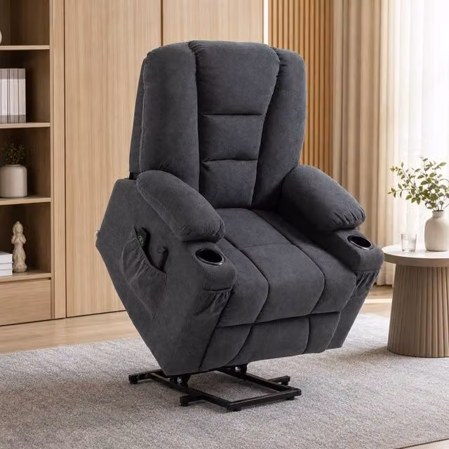 STILVORA Grey Fabric Riser Recliner Armchair with Cup Holders and Powered Lift Assist