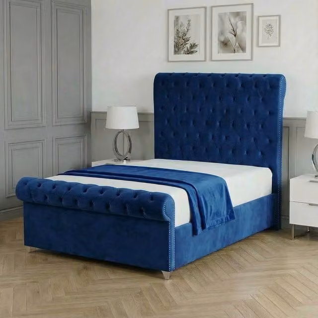 Living Comfort Bedz Regency Sleigh Slatted Base Upholstered Velvet Bed in Blue, Size: Single (90 x 190 cm)