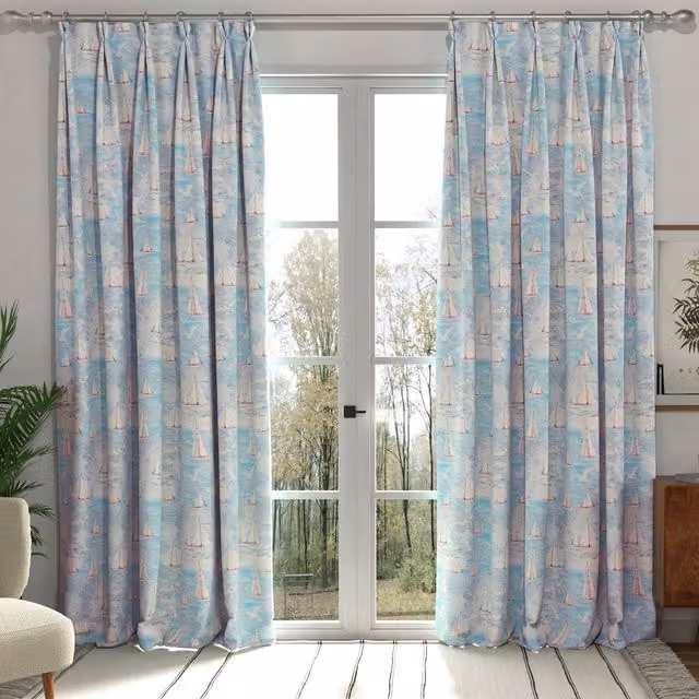 Ante Decor Sail Away Made to Measure Blackout Cotton Curtain in Blue with Nautical Graphic and Eyelets