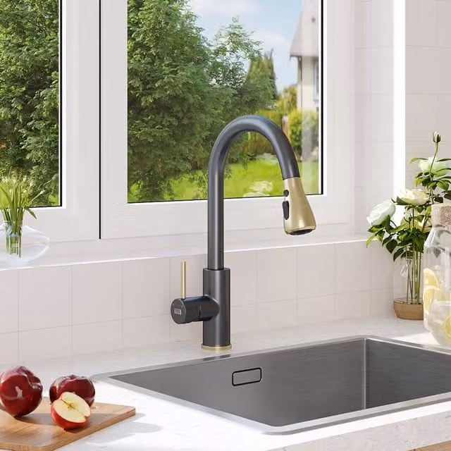Livingandhome Stainless Steel Single Lever Pull-Out Mixer Tap with Spray Function in Matt Black and Gold