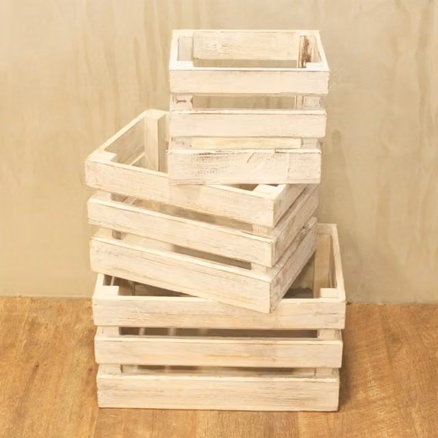 KDMK Set of Three White Wooden Rectangular Fruit Boxes for Tabletop Display