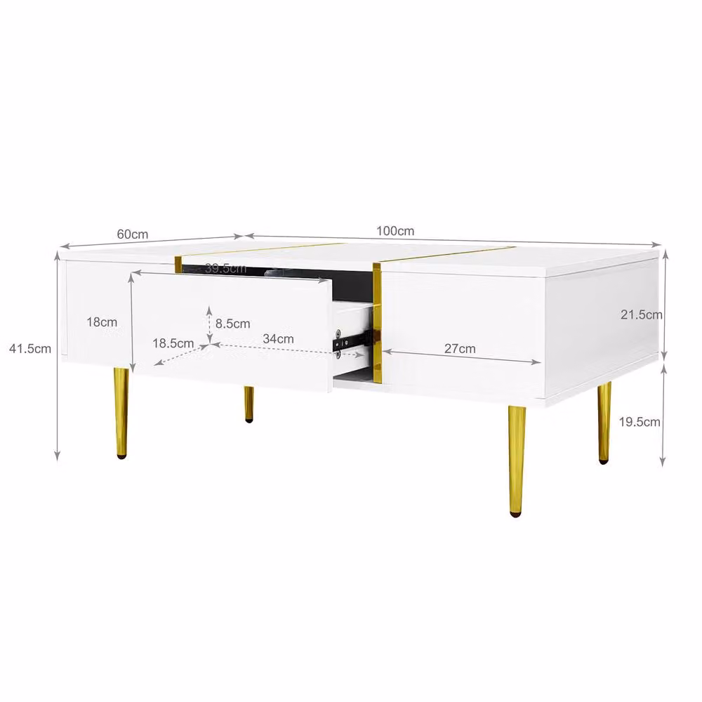 STILVORA Modern Rectangular Coffee Table with 2 Drawers in White High Gloss and Gold Details – 2