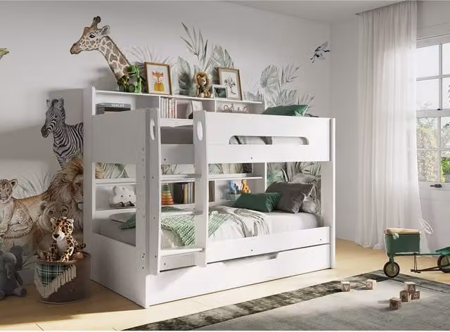 Flair Furnishings Interstellar White Bunk Bed with Trundle and Side Compartments