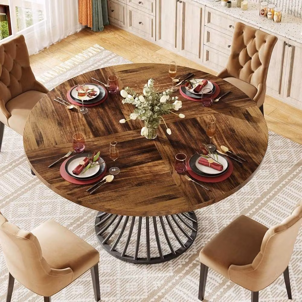 EONLION Round Industrial Dining Table in Brown, Diameter: 100 cm, Height: 75 cm – 4