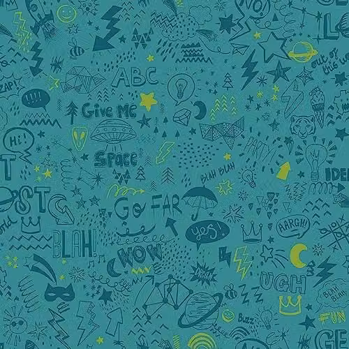 Holden Decor Doodle Teal and Neon Yellow Abstract Modern Hand Drawn Wallpaper