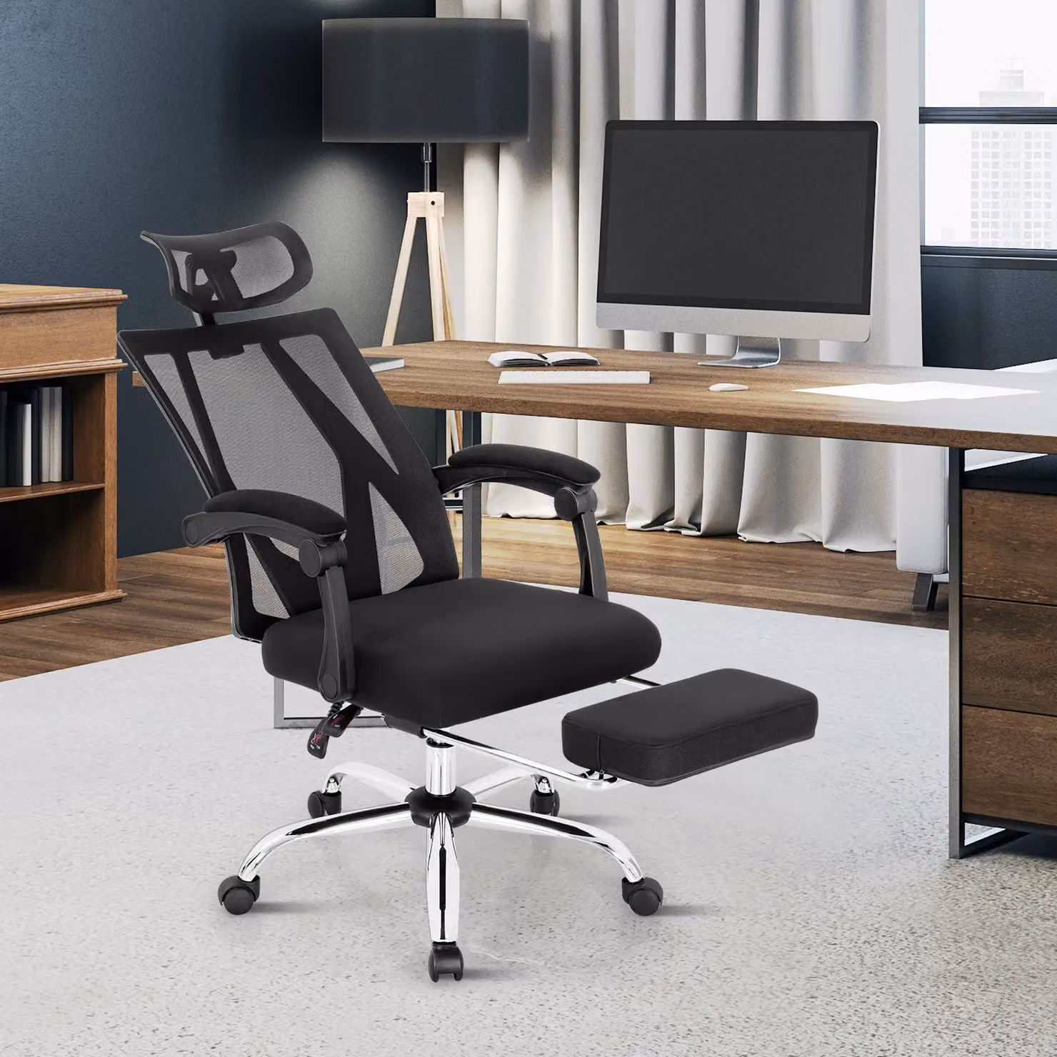 Costway Ergonomic Executive Office Chair with High Back, Headrest and Retractable Footrest in Black Fabric – 5