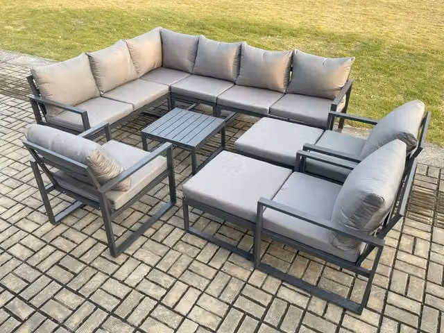 Fimous 11 Seater L-Shape Outdoor Lounge Corner Sofa Set in Dark Grey with Powder Coated Aluminium Frame, Square Coffee Table, 3 Chairs and 2 Large Footstools