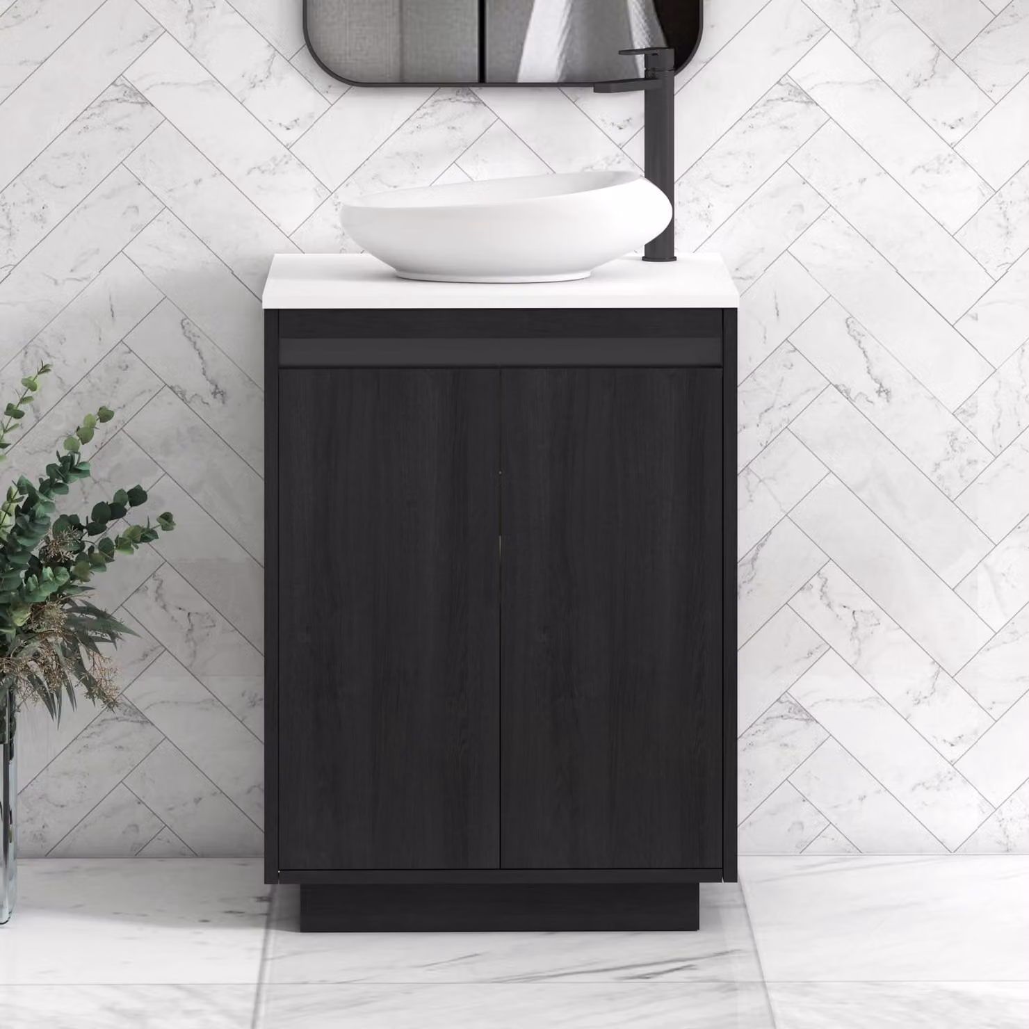 Royal Bathrooms Orion 600mm Hale Floor Standing 2 Door Vanity Unit in White with Nova Basin and Black Accent Trim