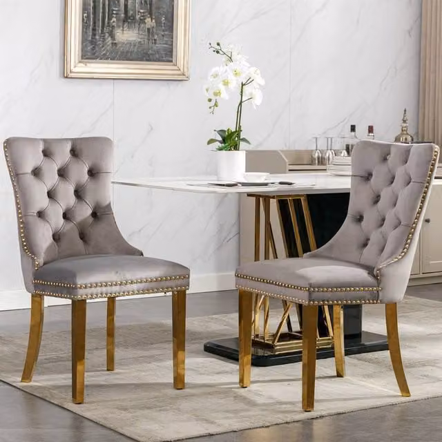HomeTouch Set of 6 Lux Velvet Dining Chairs in Grey with Gold Steel Legs