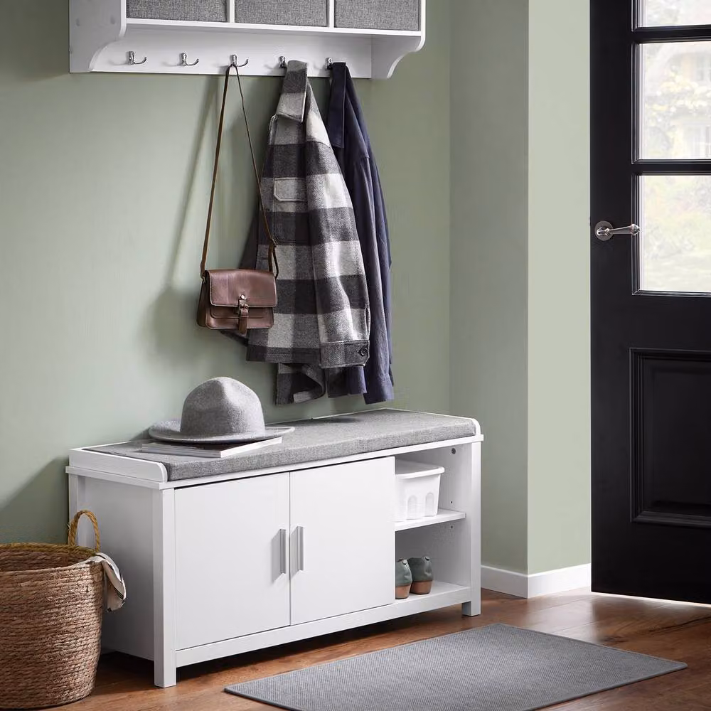 SoBuy Modern Shoe Cabinet Bench with Grey Fabric Cushioned Seat in White – 9