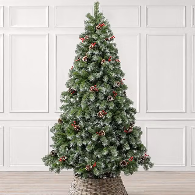 Christow Cone and Berry Artificial Snowy Flocked Christmas Tree with Stand in Green – 1