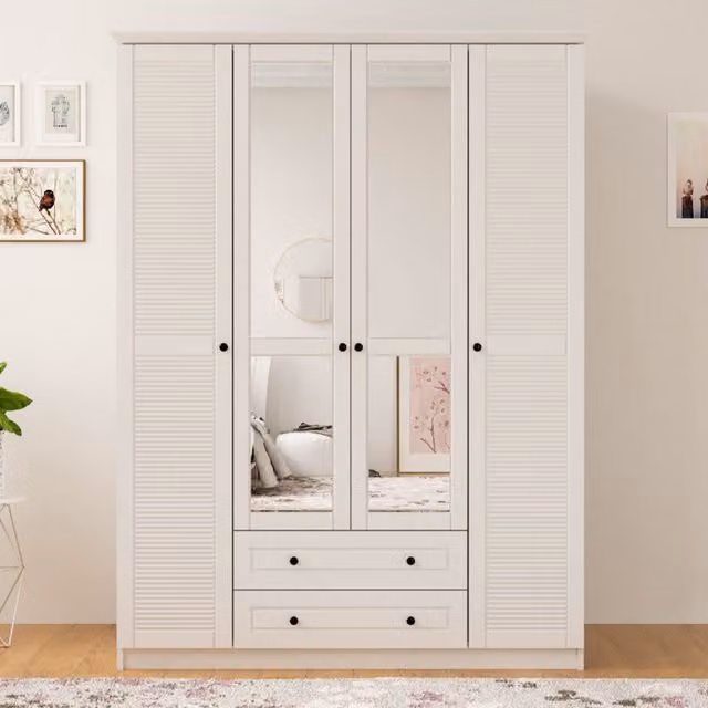 EVUHOME VOLET 4 Door 2 Drawer Mirrored Wardrobe in White