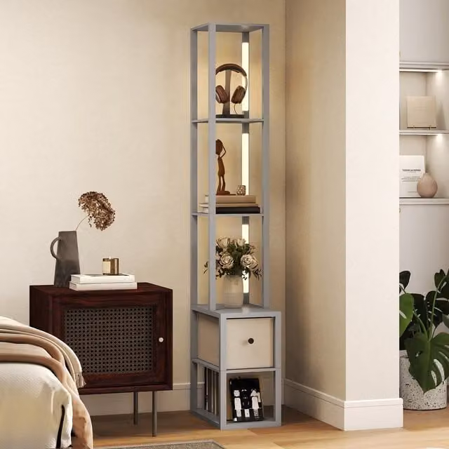 HOMCOM LED Floor Lamp with Shelves and Fabric Drawer in Grey