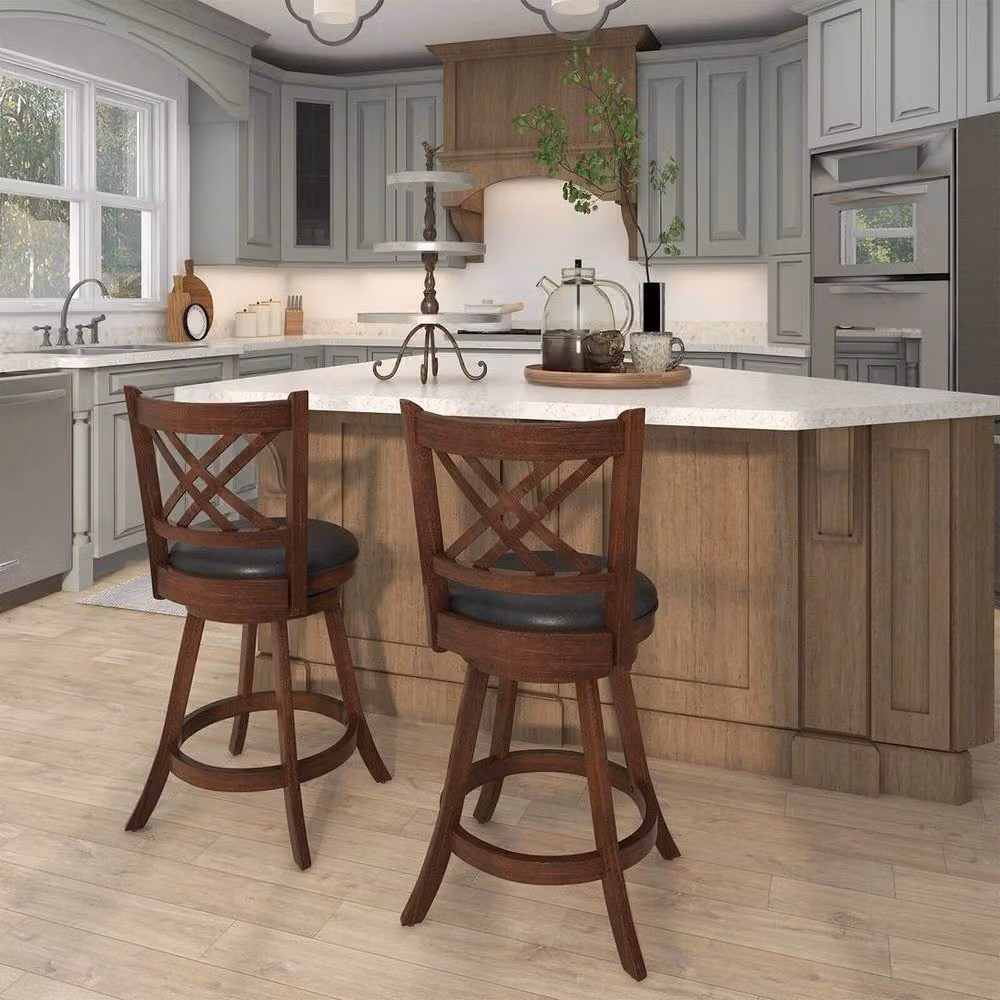 Hinsinc Set of 2 Brown Swivel Upholstered Counter Bar Stools with Synthetic Leather and Rubberwood – 5