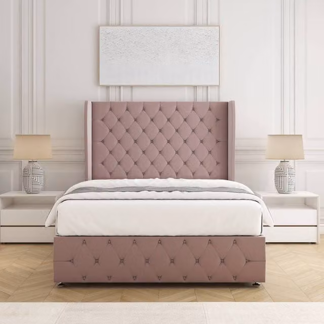 BSSPOKE Faye Plush Velvet Divan Bed Set with Headboard and Mattress, Pink, W/D/H: 90 x 190 x 3 cm