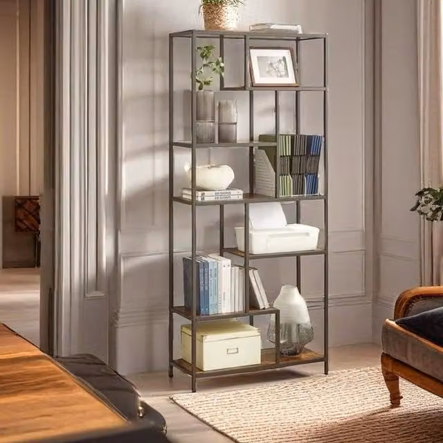 Modcraft 6 Tier Geometric Metal Bookcase Shelf in Brown with Adjustable Shelves