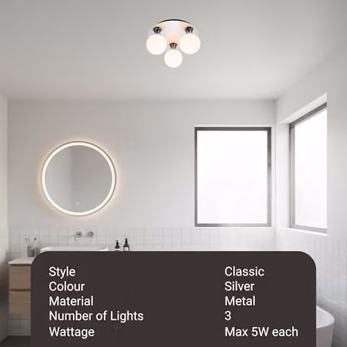 Cosylyte Bowen Classic 3 Light Bathroom Ceiling Flush Light with Opal Glass, Chrome, W/D/H: 25 x 25 x 13 cm, IP44, G9 LED Compatible – 2