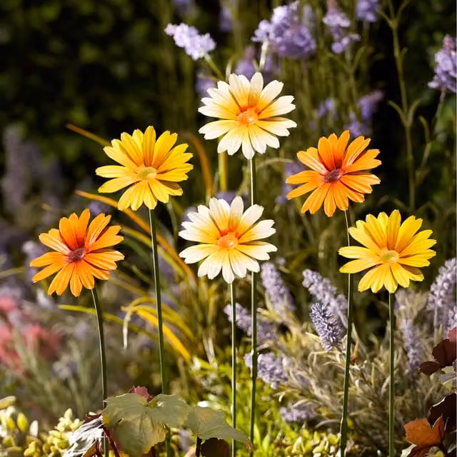 Garden Gear Set of 6 Metal Floral Daisy Stake Ornaments in Orange, Pink, Purple and Yellow