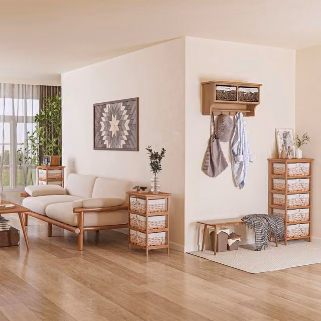 HOMCOM Wall Mounted Coat Hook Storage Unit with Rattan Baskets and Shelf in Brown – 1