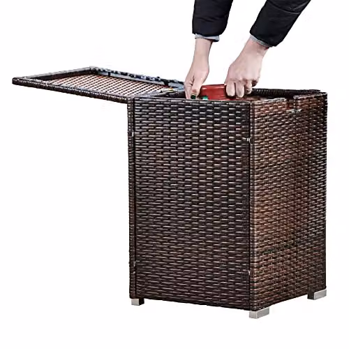 Teamson Home Rattan Outdoor Fire Pit Gas Bottle Storage Table with Lid in Brown and Grey – 3