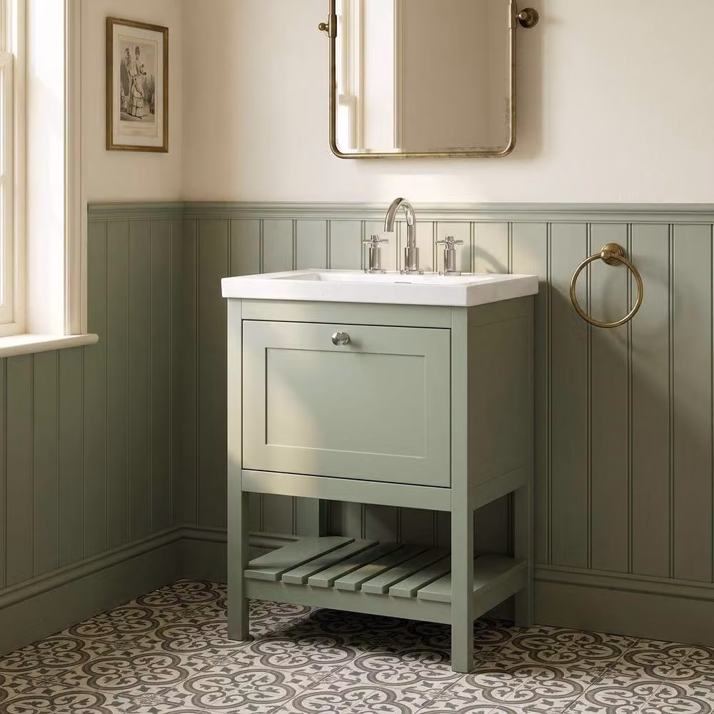 Balterley Modern Green Freestanding Bathroom Vanity Unit with Basin and Open Shelf, W/D/H: 61.3 x 46.2 x 84.5 cm – 2