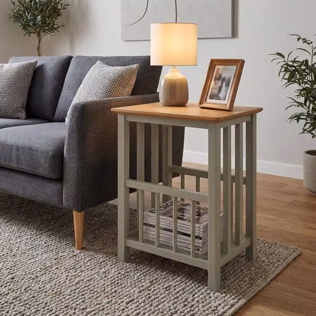 FWStyle Oak Veneer Magazine Rack Side Table in Sage Green, Height: 45 cm