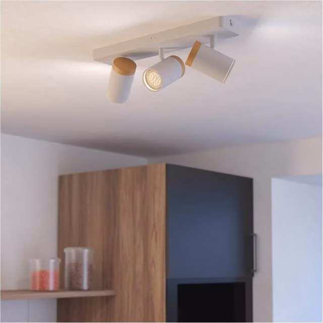 Loops Triple LED Ceiling Spotlight in White and Brown with Wood Details for Bathroom Use