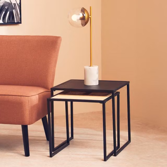 Orsina Modern Nest of Two Square Side Tables in Black Rattan and Metal