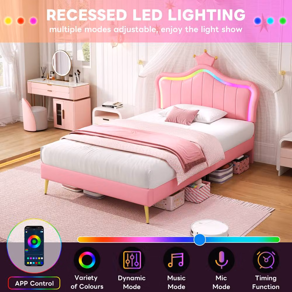 Matteo Pink Single Upholstered Bed Frame with LED Crown Headboard in PU Leather – 2