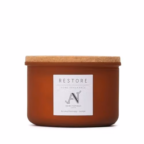 Aroma Naturals Restore Scented Candle with Eucalyptus, Saffron and Plum in a Brown Glass Jar with Cork Lid, 470g