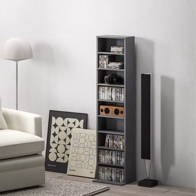 HOMCOM Grey Modern CD Storage Unit with Adjustable Shelves and Media Compartments for Home or Office
