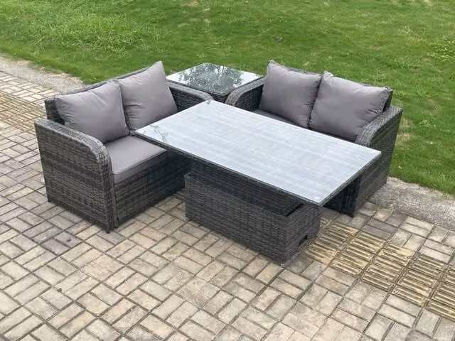 Fimous Dark Grey Rattan Garden Dining Set with Height Adjustable Lifting Table and Love Sofa