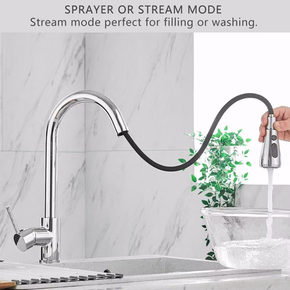 Heable Sleek Single Lever Kitchen Sink Mixer Tap with Pull Out Sprayer and Swivel Spout in Silver Chrome, H 38.0 cm x W 22.0 cm x D 20.0 cm