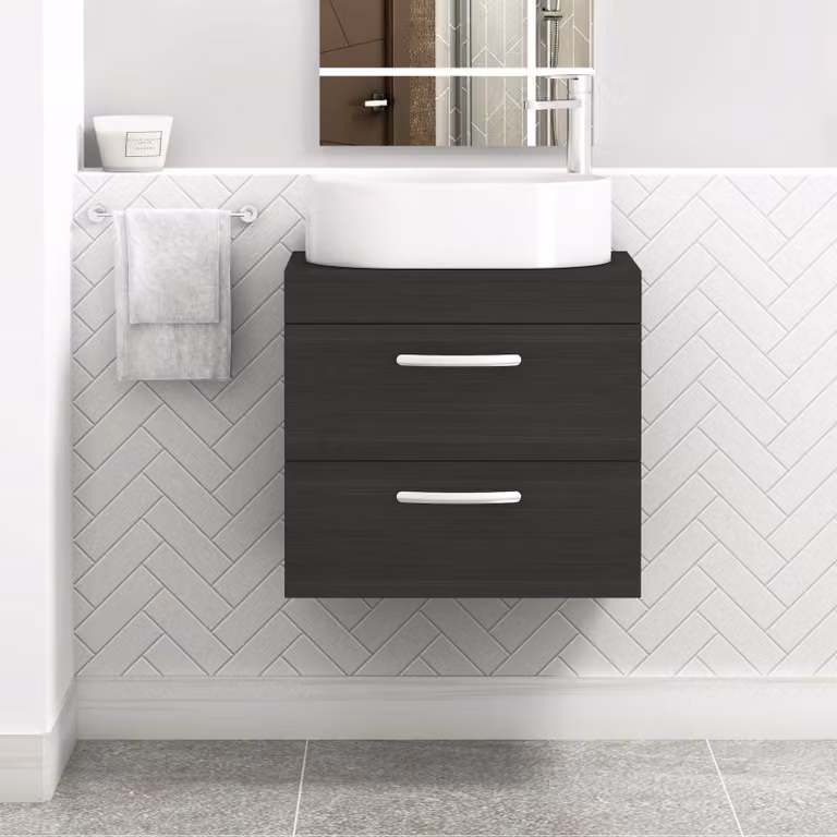 Royal Bathrooms Turin 600mm Wall Hung Vanity Unit with 2 Drawers and Countertop Basin in Charcoal Oak Grey and Black